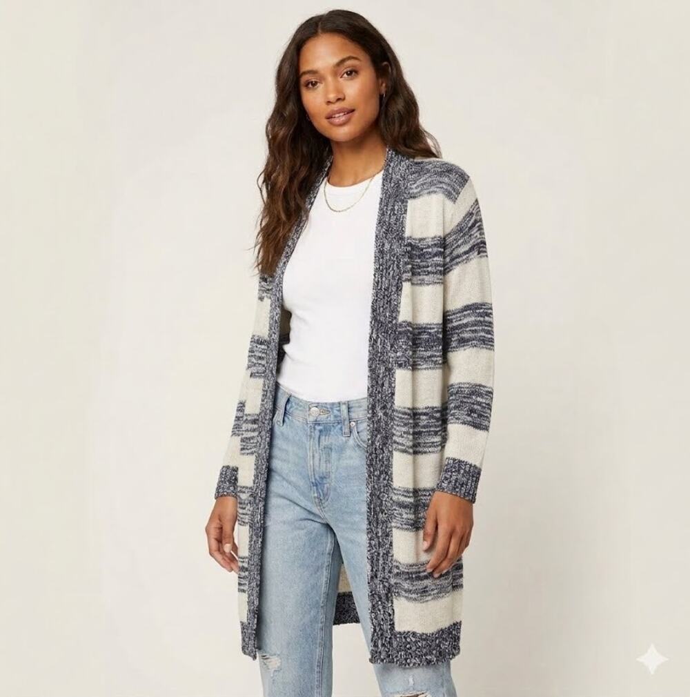 Etc...Made in New York Womens Striped Cardigan Long Open Sweater Knit Duster XL